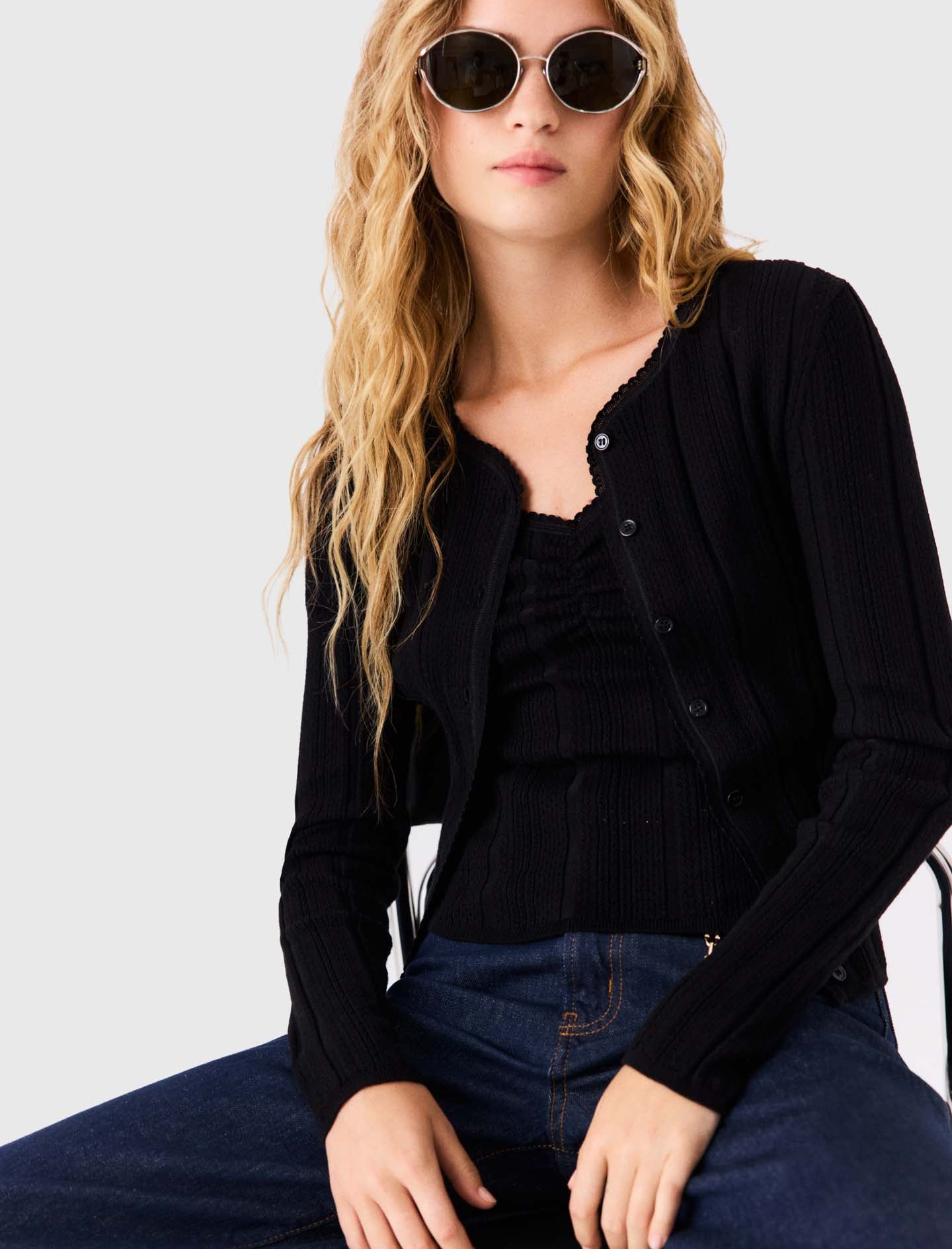 Pointelle knit twinset Black