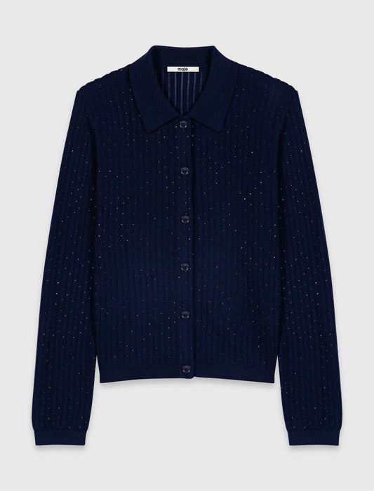 Rhinestone polo collar cardigan Navy