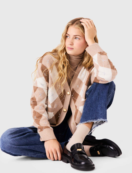 Argyle-patterned cardigan Beige