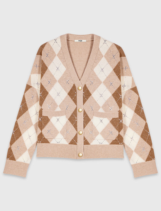 Argyle-patterned cardigan Beige