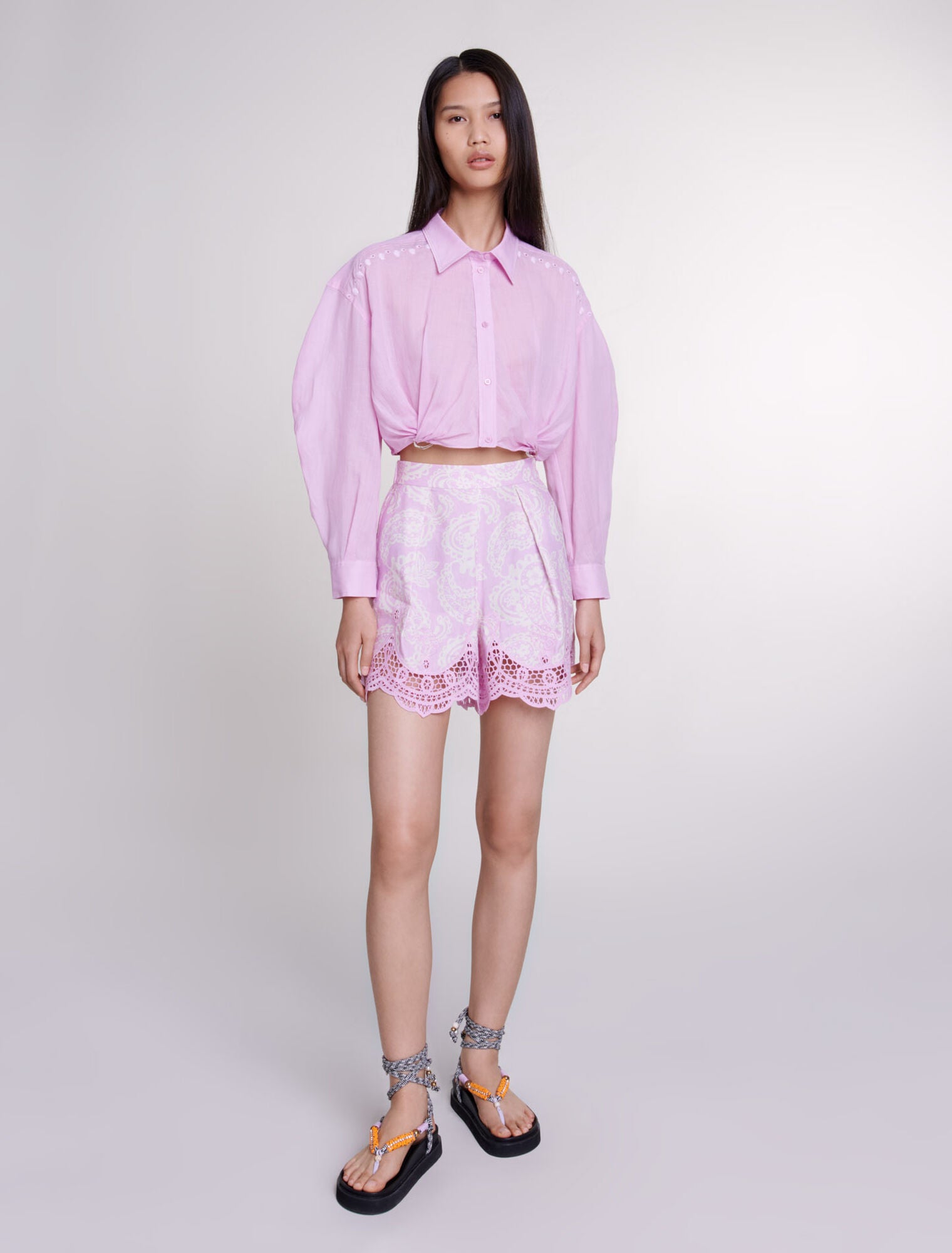 Pink featured Ramie cropped shirt