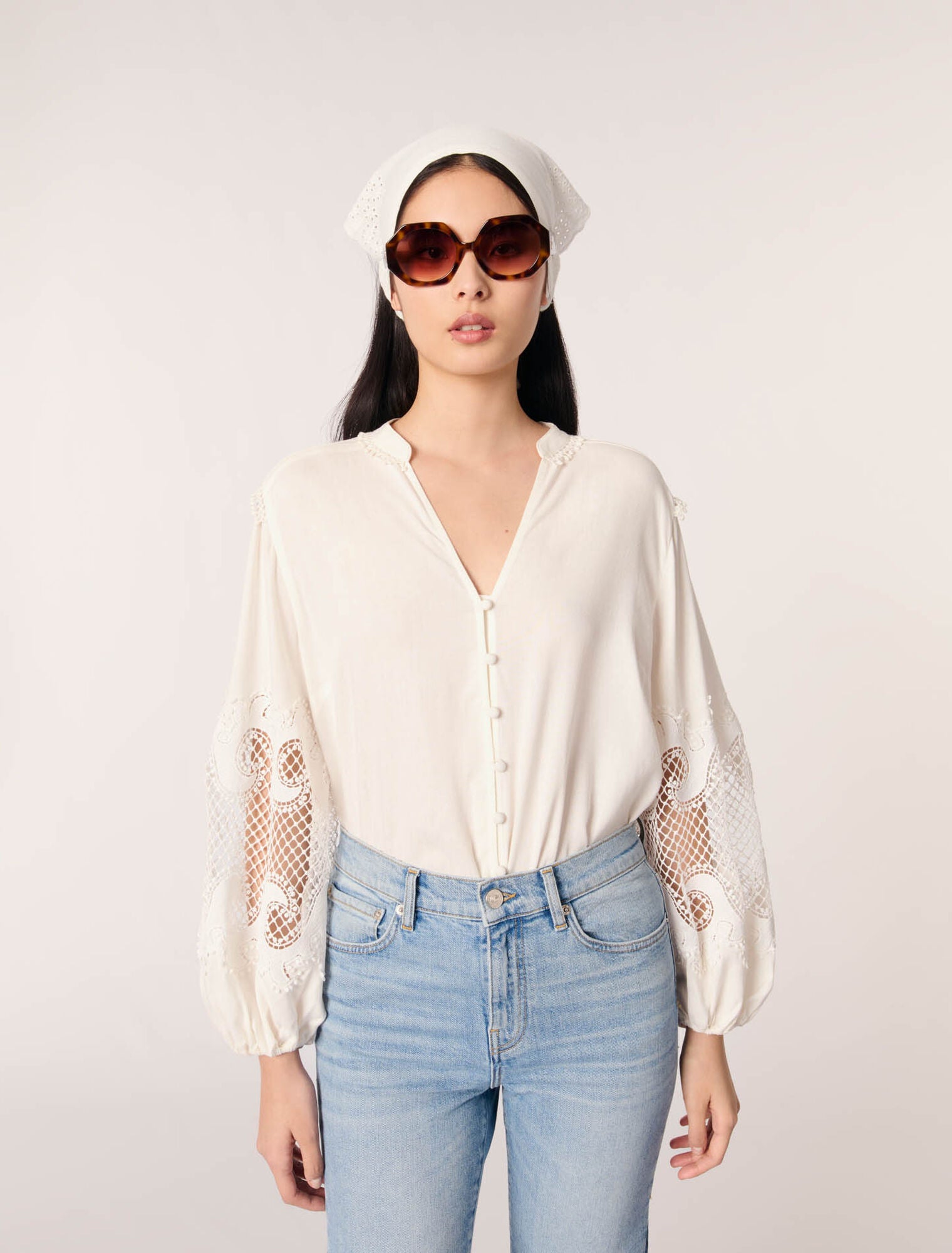Ecru-Shirt With Embroidered Sleeves
