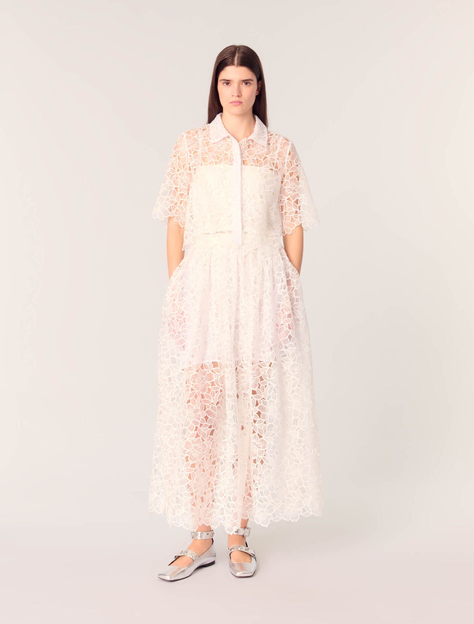 White-featured-Cropped Floral Guipure Shirt
