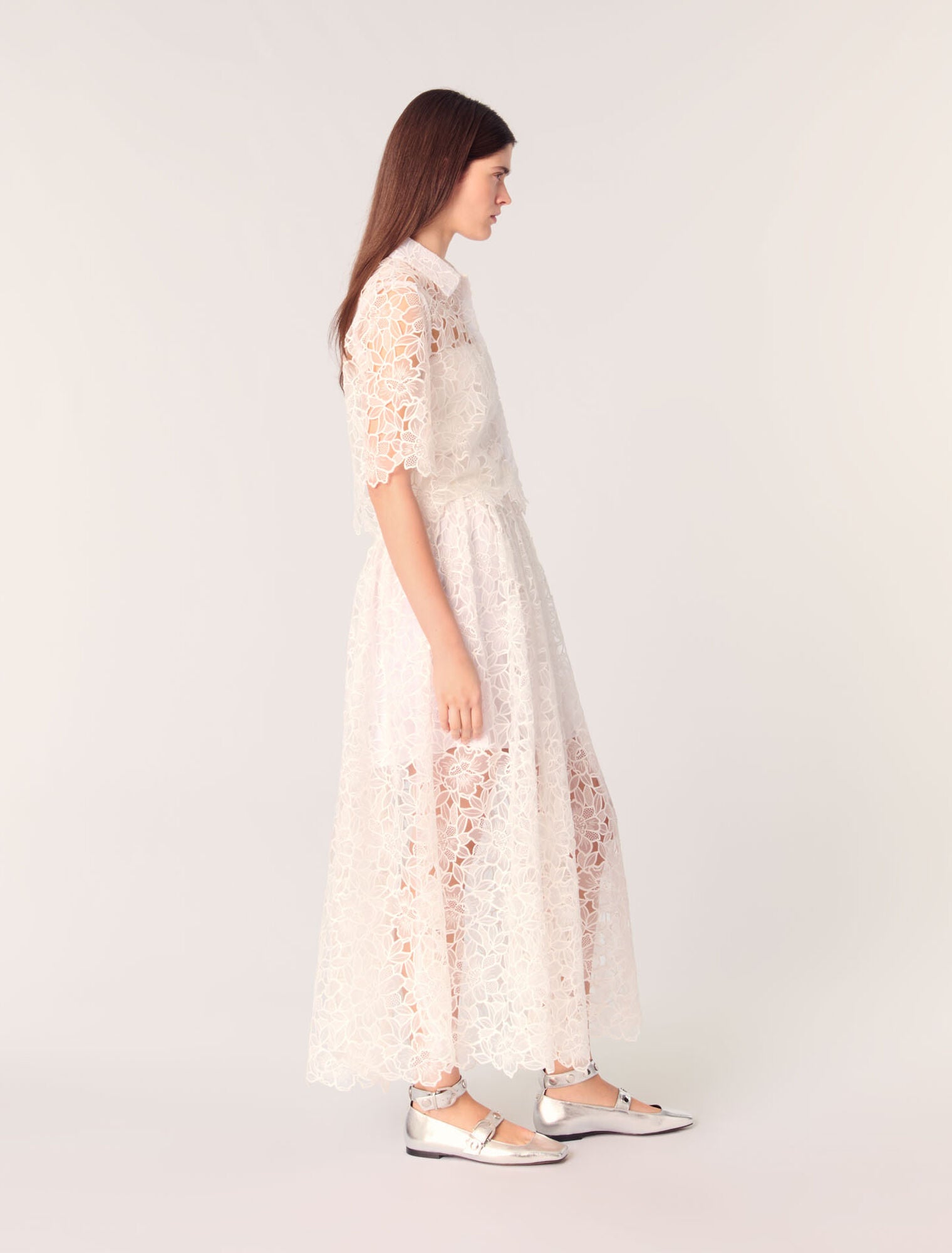 White-Cropped Floral Guipure Shirt