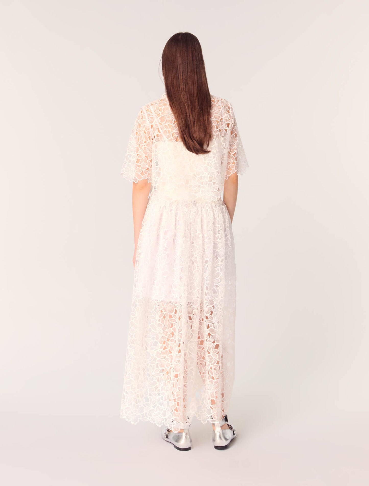White-Cropped Floral Guipure Shirt