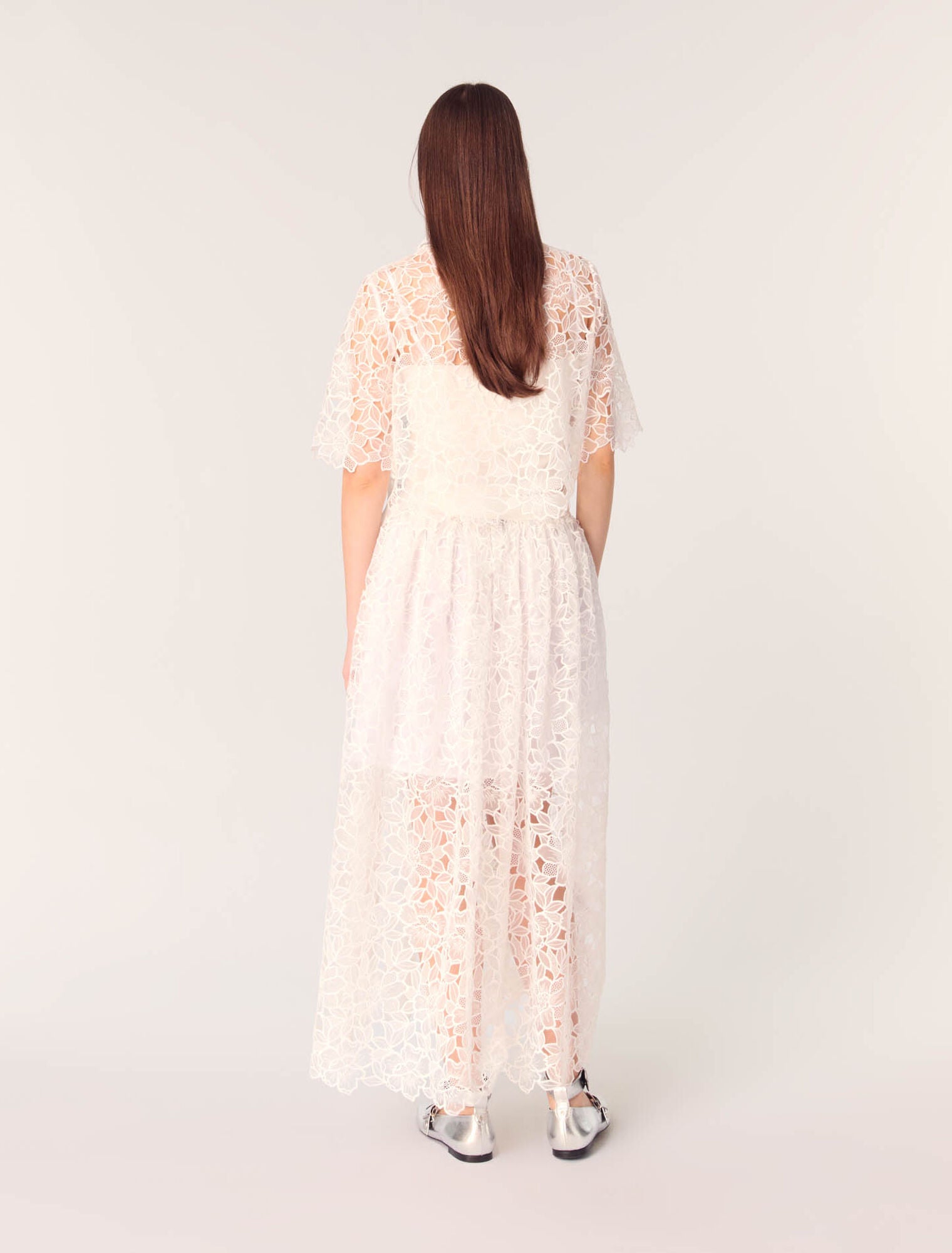 White-Cropped Floral Guipure Shirt