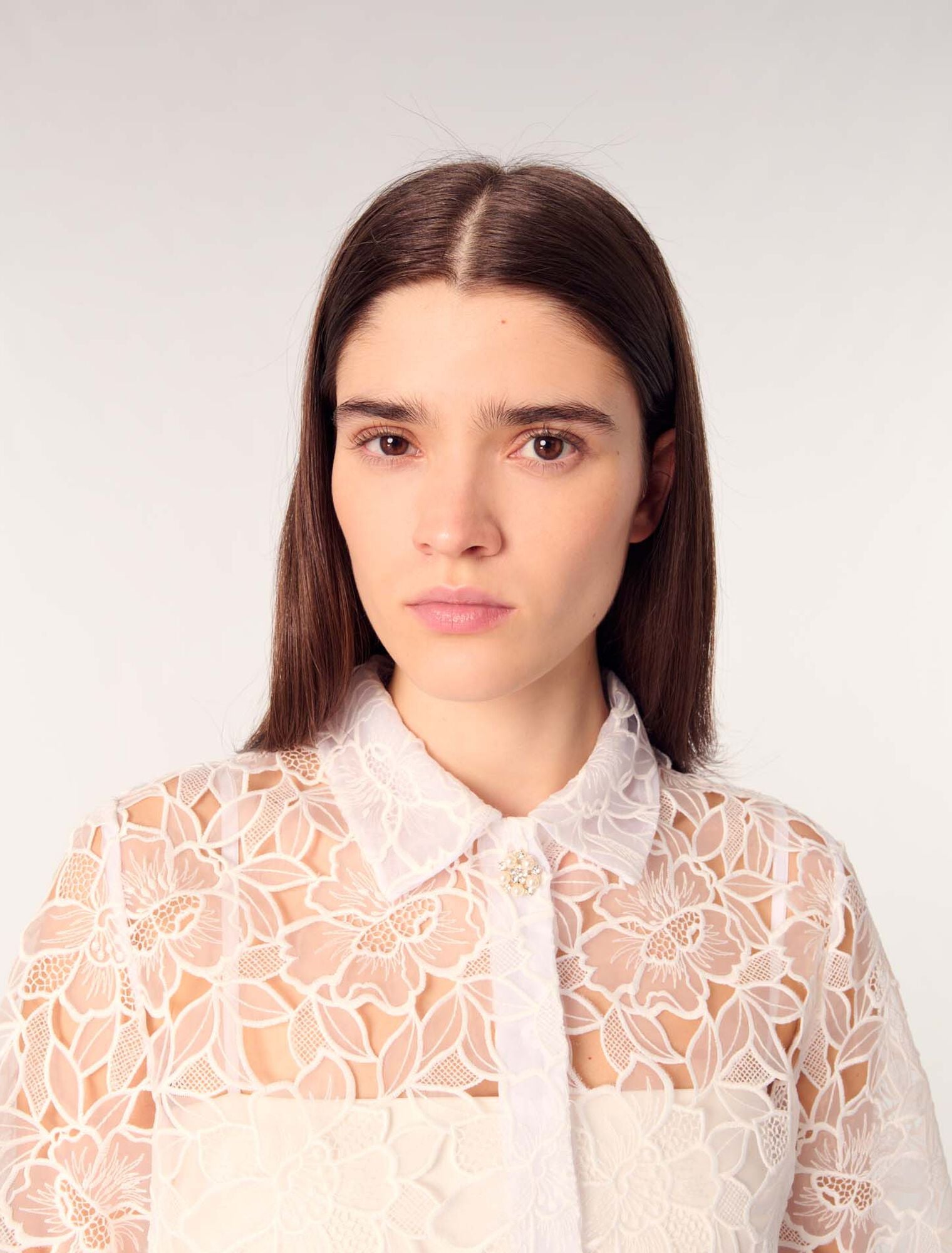 White-Cropped Floral Guipure Shirt