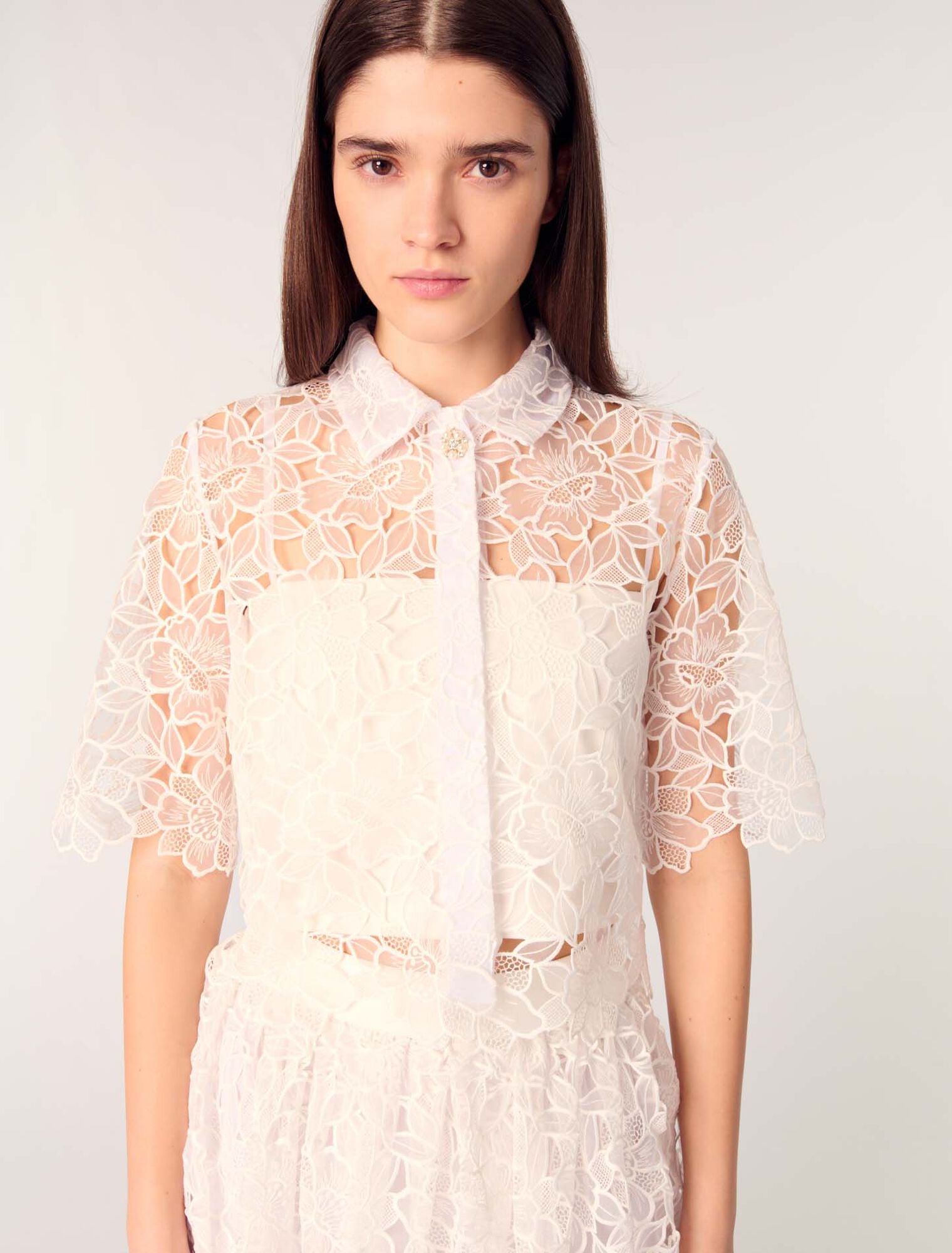 White-Cropped Floral Guipure Shirt