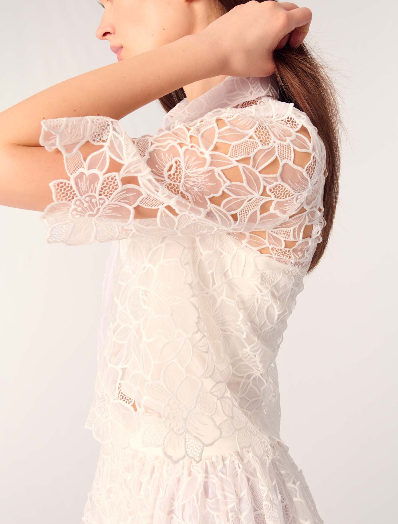 White-Cropped Floral Guipure Shirt