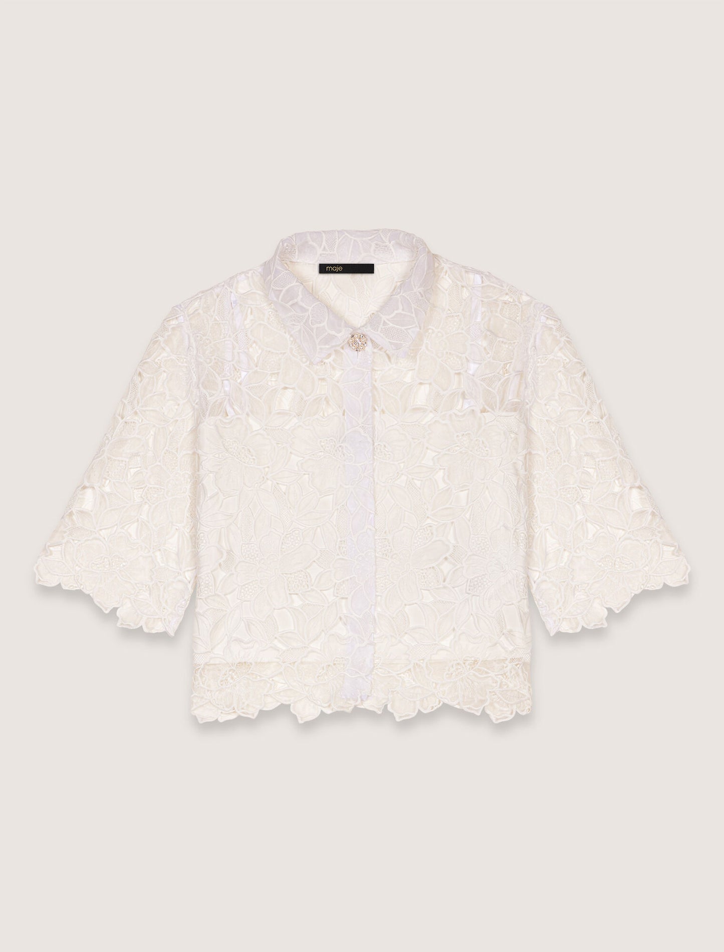 White-Cropped Floral Guipure Shirt