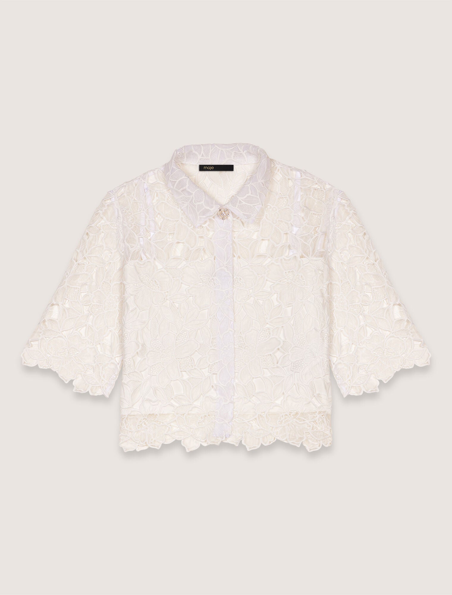 White-Cropped Floral Guipure Shirt
