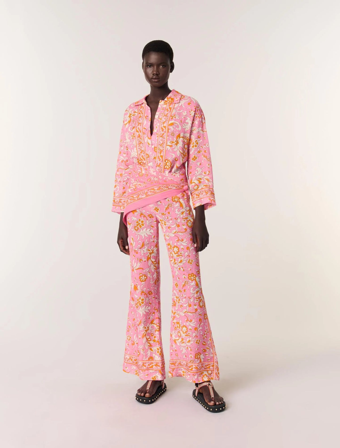 Orange Pink Flowers Print-featured-Patterned flowing linen shirt