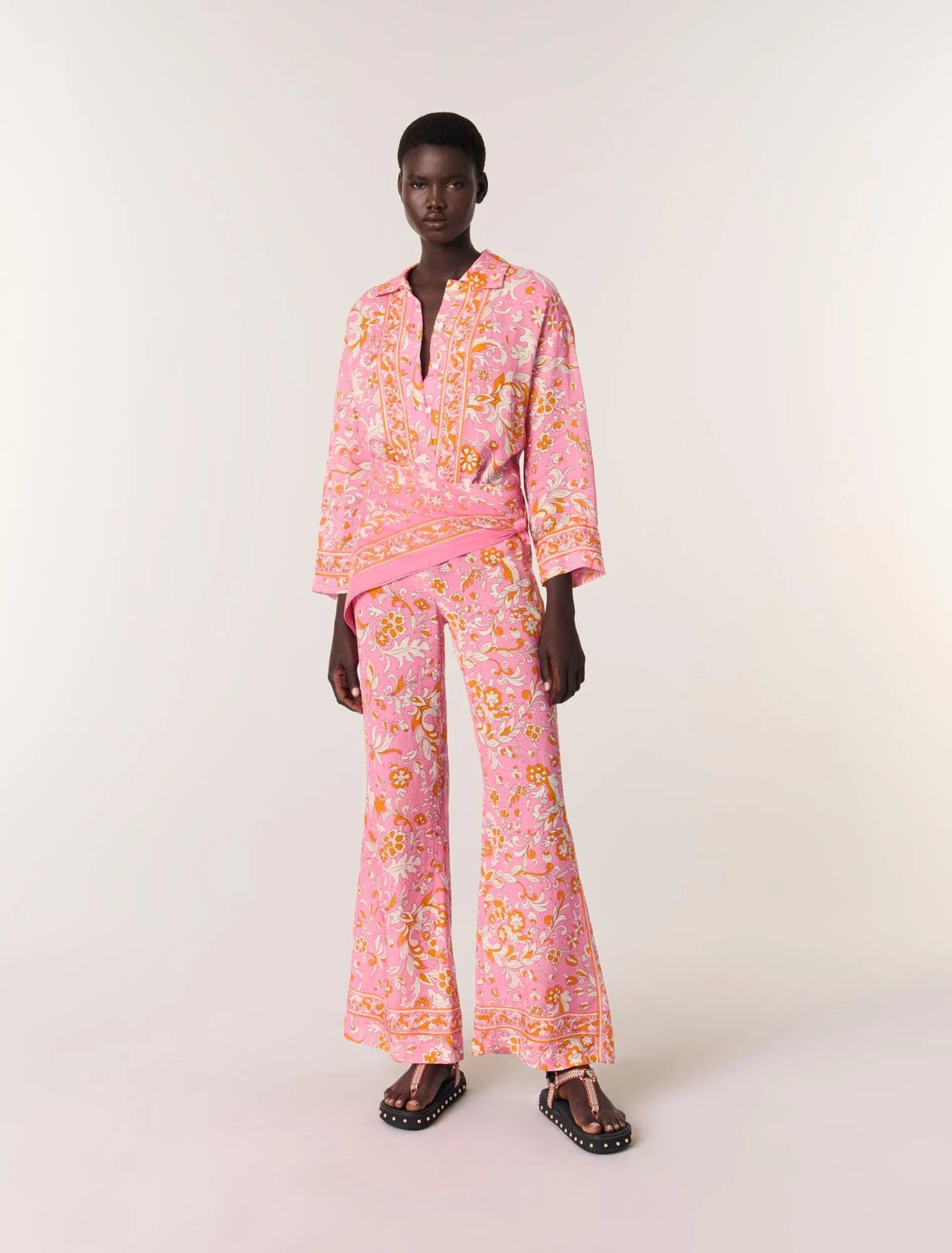 Orange Pink Flowers Print-featured-Patterned flowing linen shirt