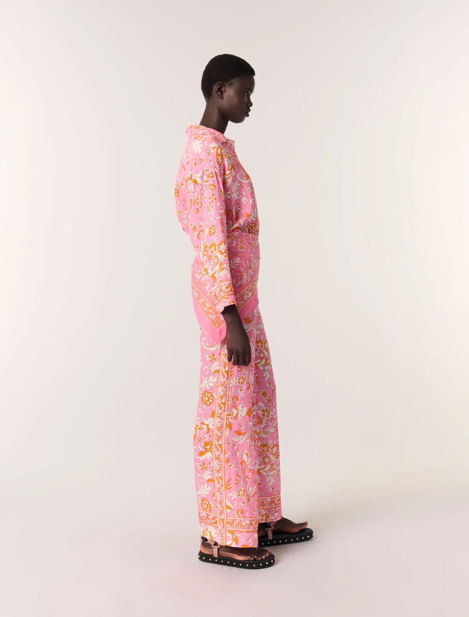 Orange Pink Flowers Print-Patterned flowing linen shirt