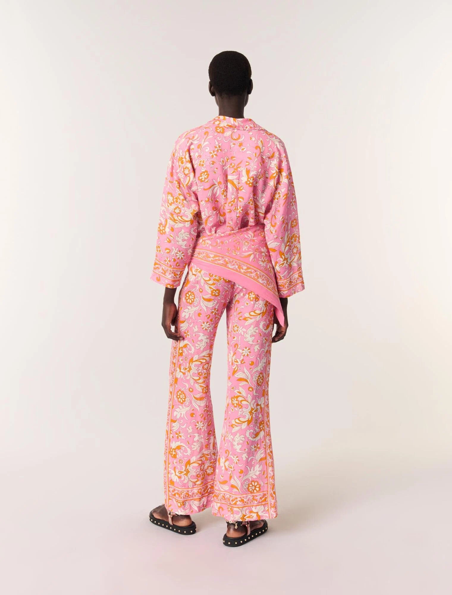 Orange Pink Flowers Print-Patterned flowing linen shirt