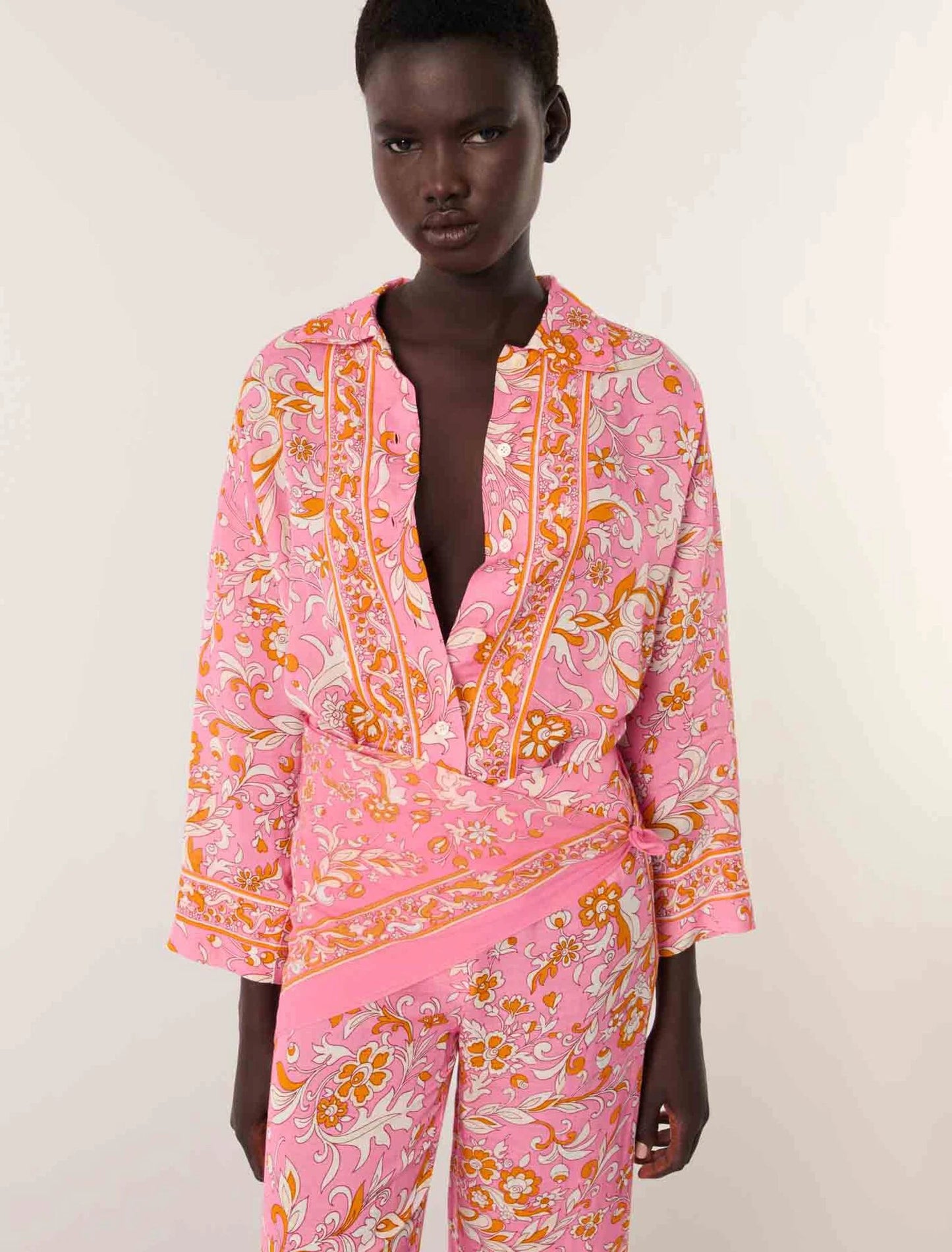 Orange Pink Flowers Print-Patterned flowing linen shirt