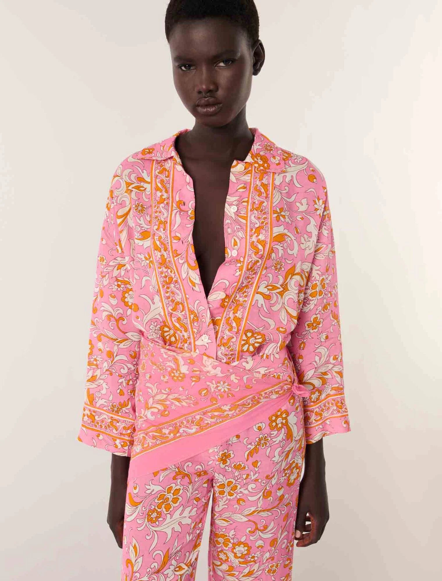 Orange Pink Flowers Print-Patterned flowing linen shirt