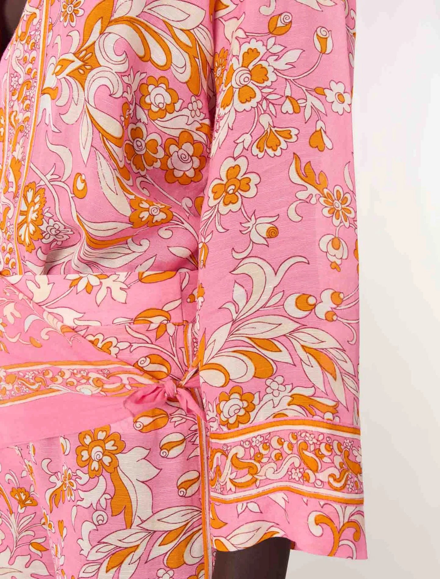 Orange Pink Flowers Print-Patterned flowing linen shirt