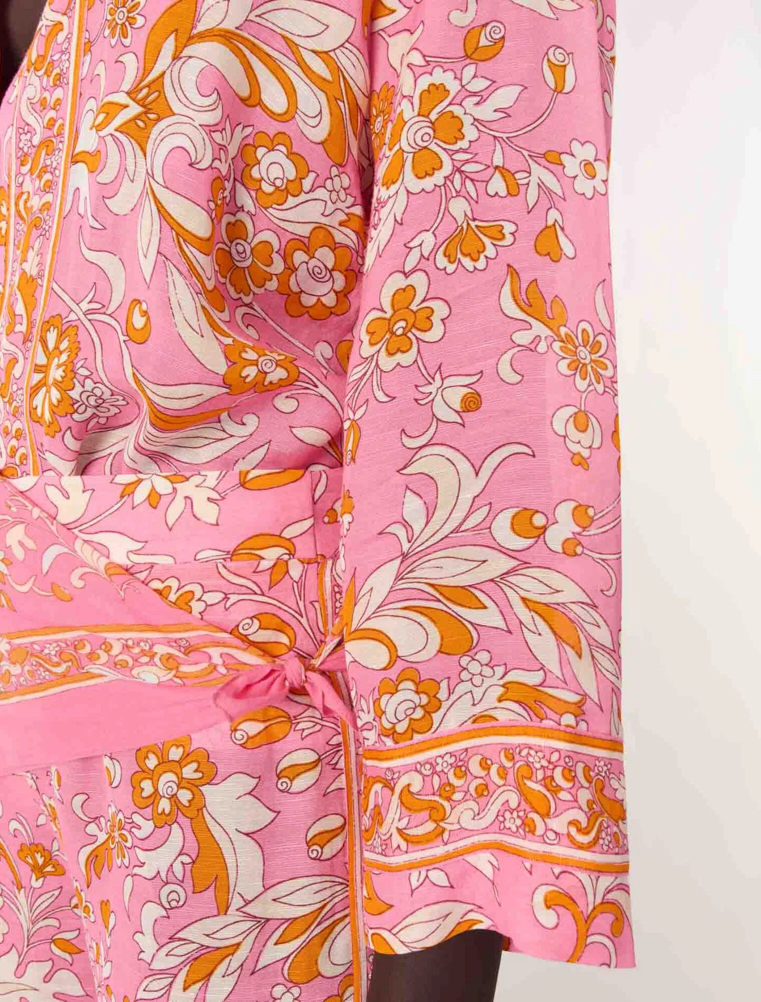 Orange Pink Flowers Print-Patterned flowing linen shirt
