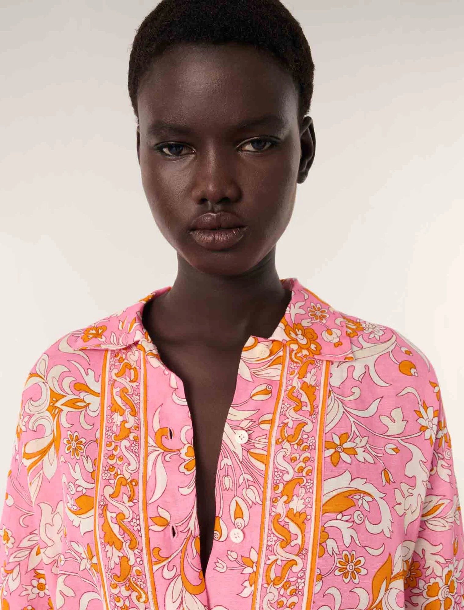 Orange Pink Flowers Print-Patterned flowing linen shirt