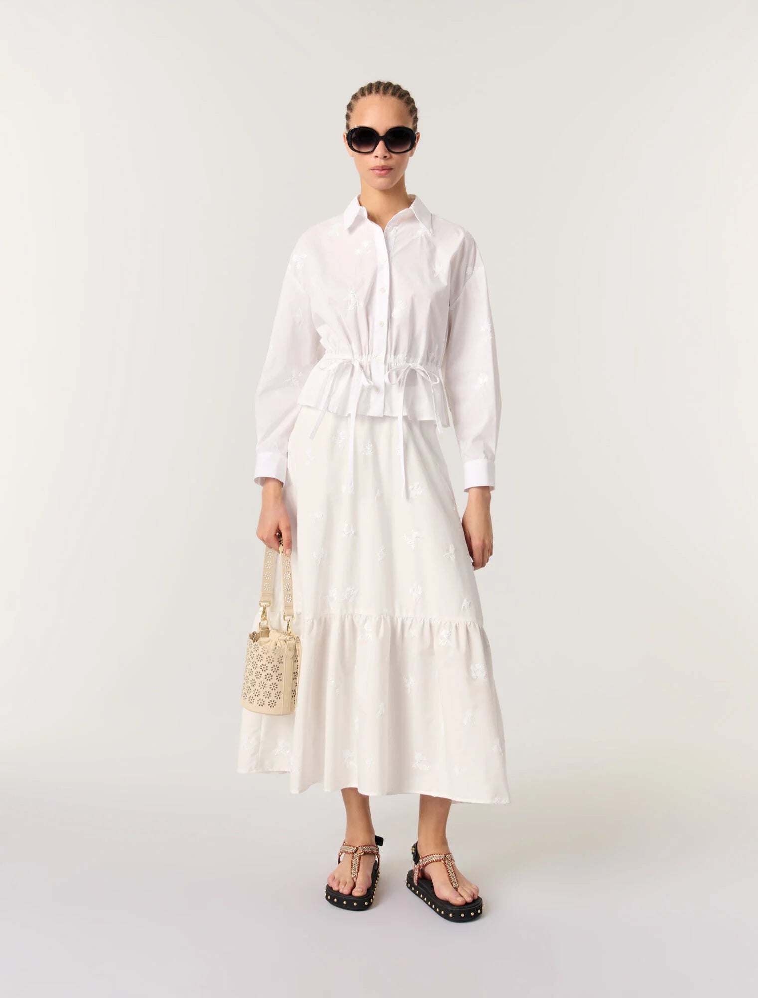 White-featured-Short embroidered shirt