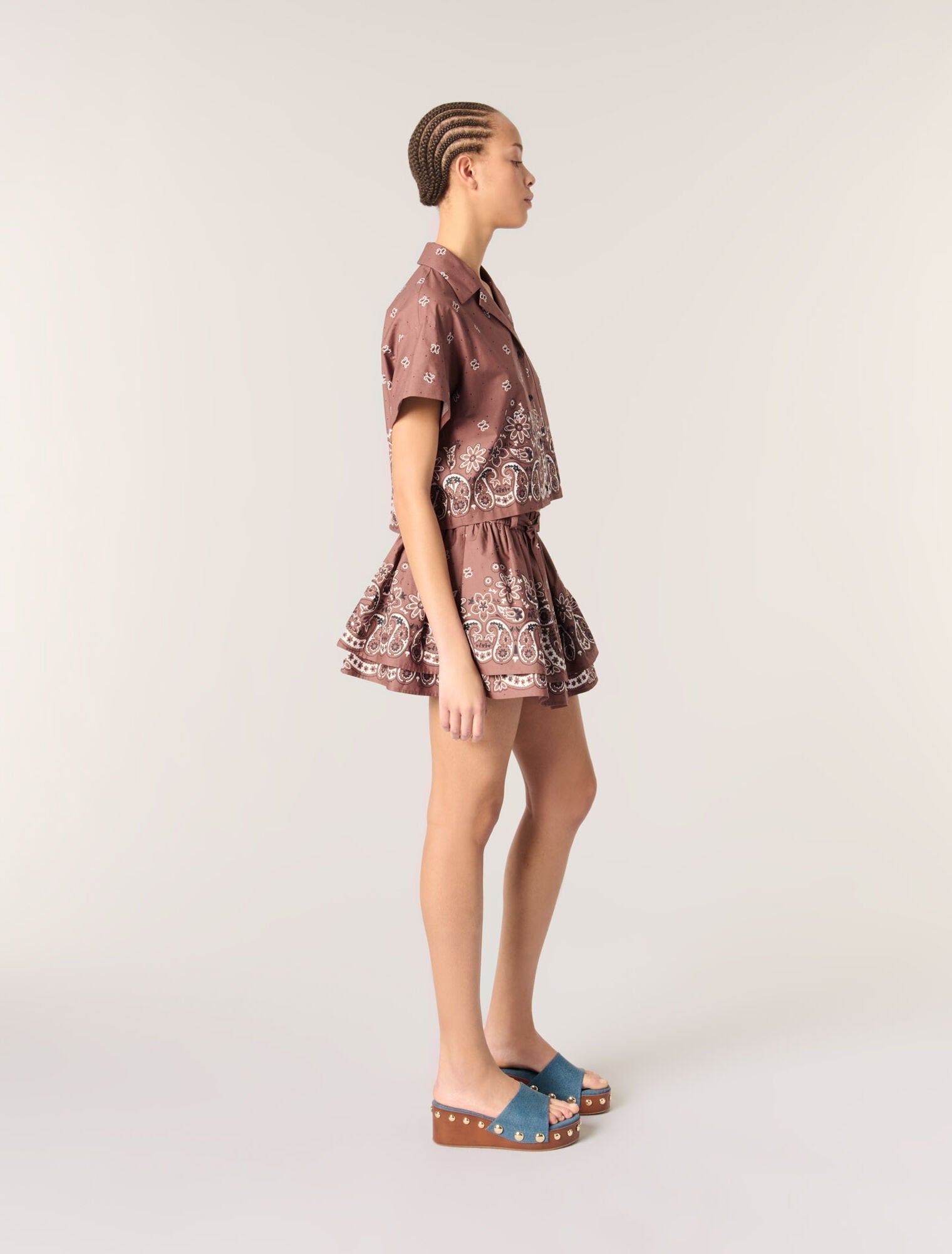 Brown Bandana Print Patterned rhinestone cropped shirt