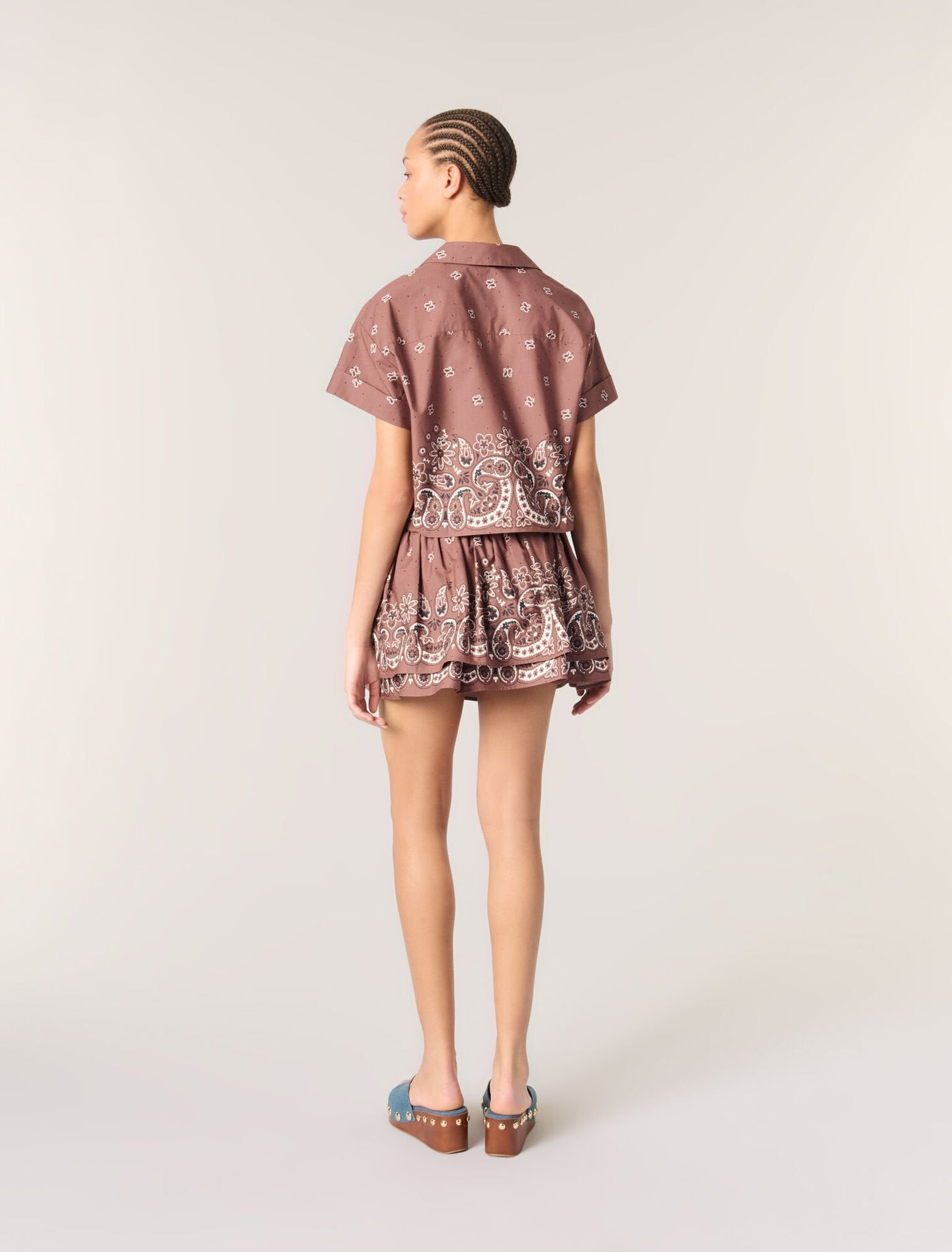 Brown Bandana Print Patterned rhinestone cropped shirt