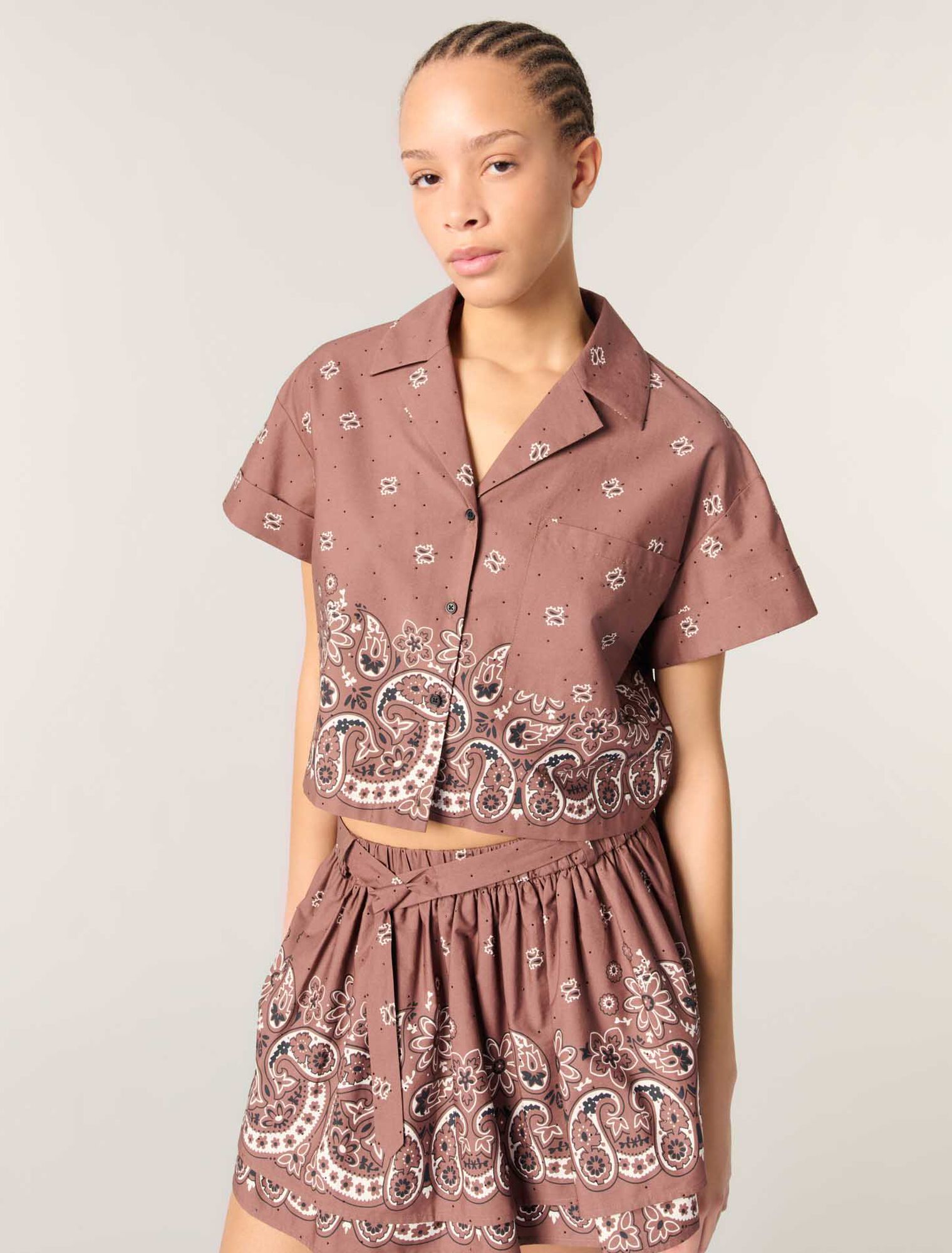 Brown Bandana Print Patterned rhinestone cropped shirt