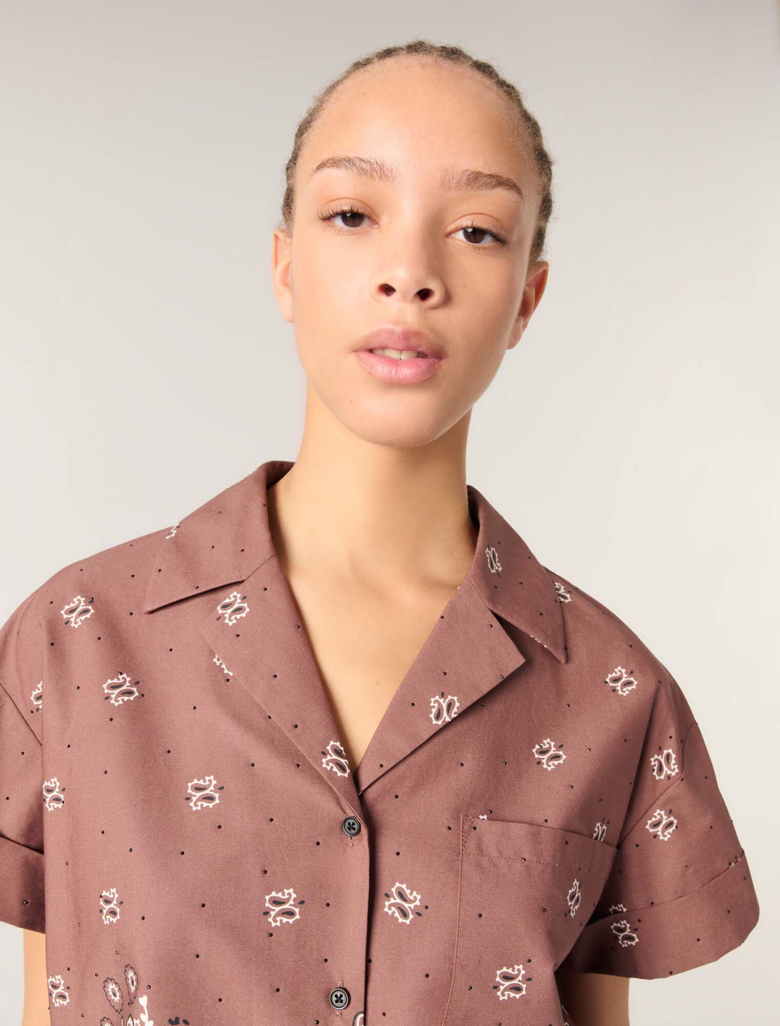 Brown Bandana Print Patterned rhinestone cropped shirt