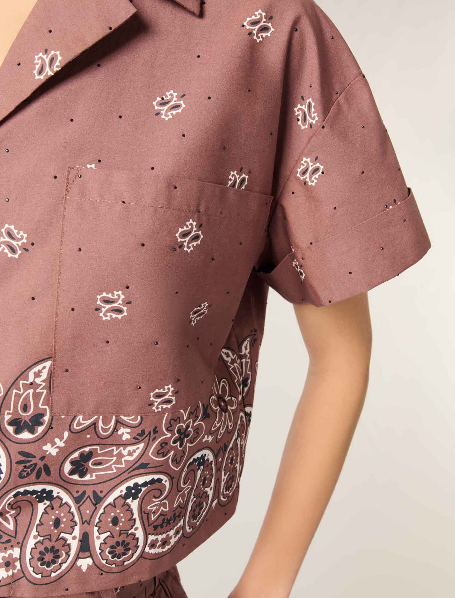Brown Bandana Print Patterned rhinestone cropped shirt