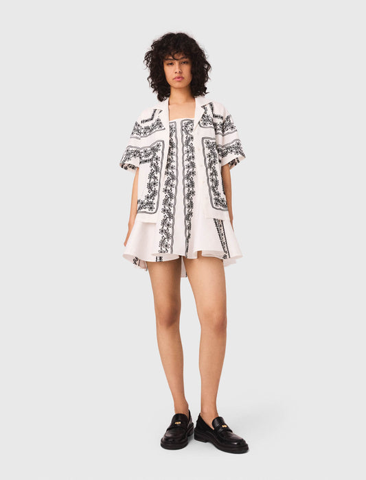 Ecru / Black featured Short sleeve embroidered shirt