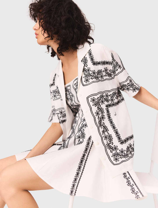 Ecru / Black Short sleeve embroidered shirt