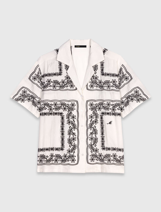 Ecru / Black Short sleeve embroidered shirt