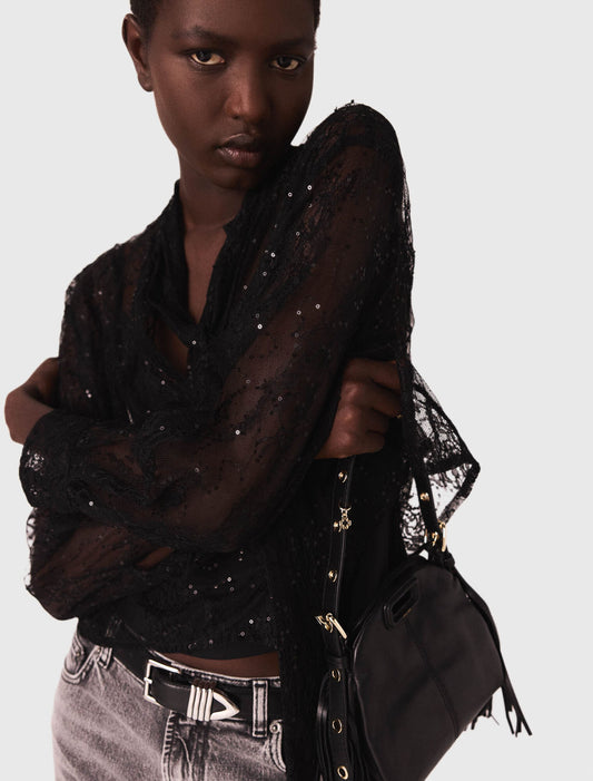 Lace pussy bow shirt Black
