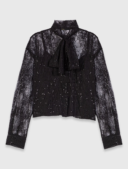 Lace pussy bow shirt Black