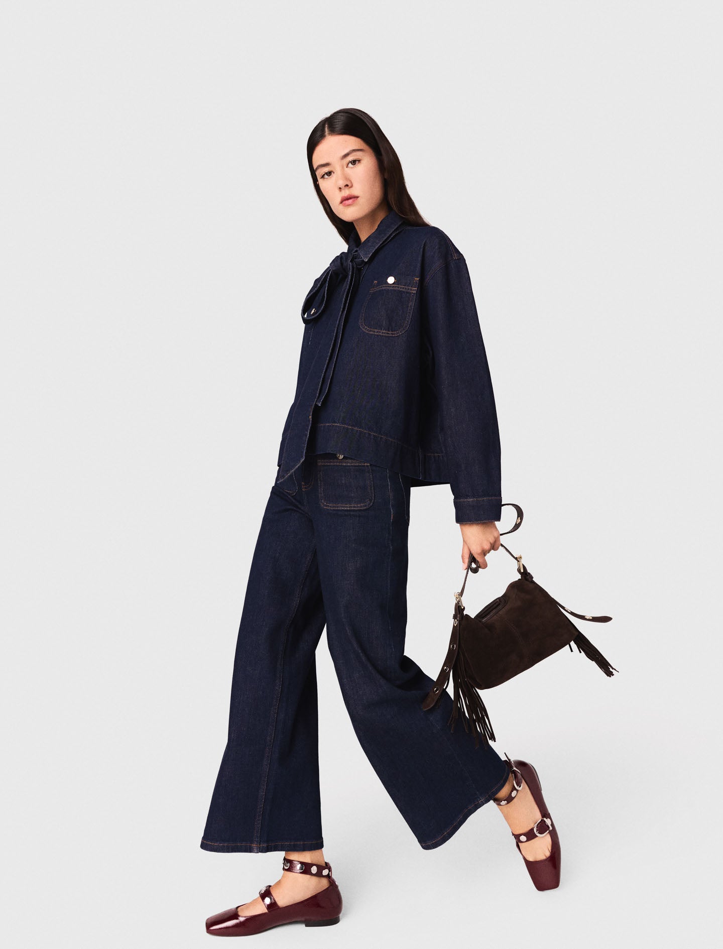 Denim shirt with pussy bow