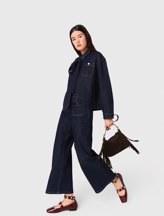 Denim shirt with pussy bow