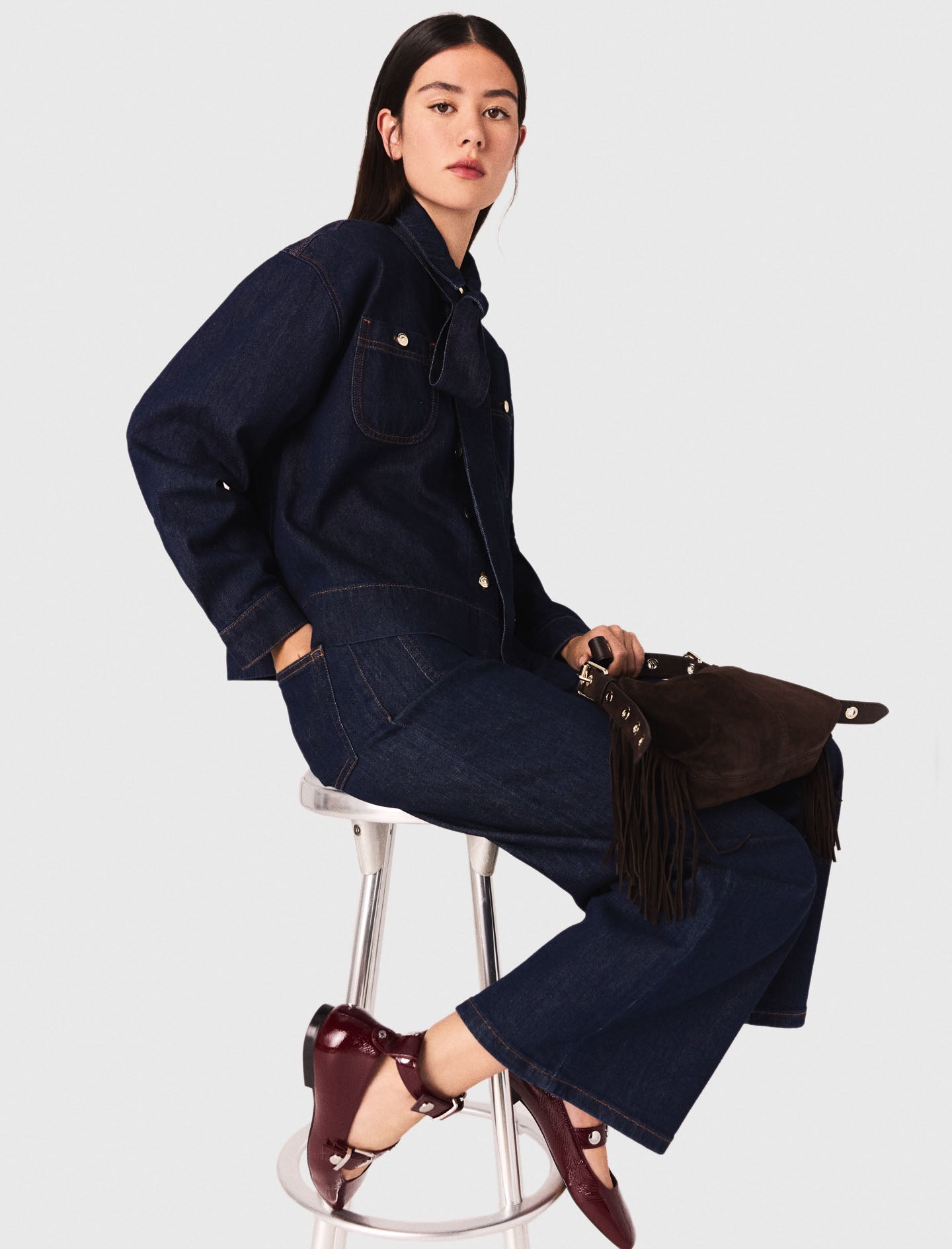 Denim shirt with pussy bow