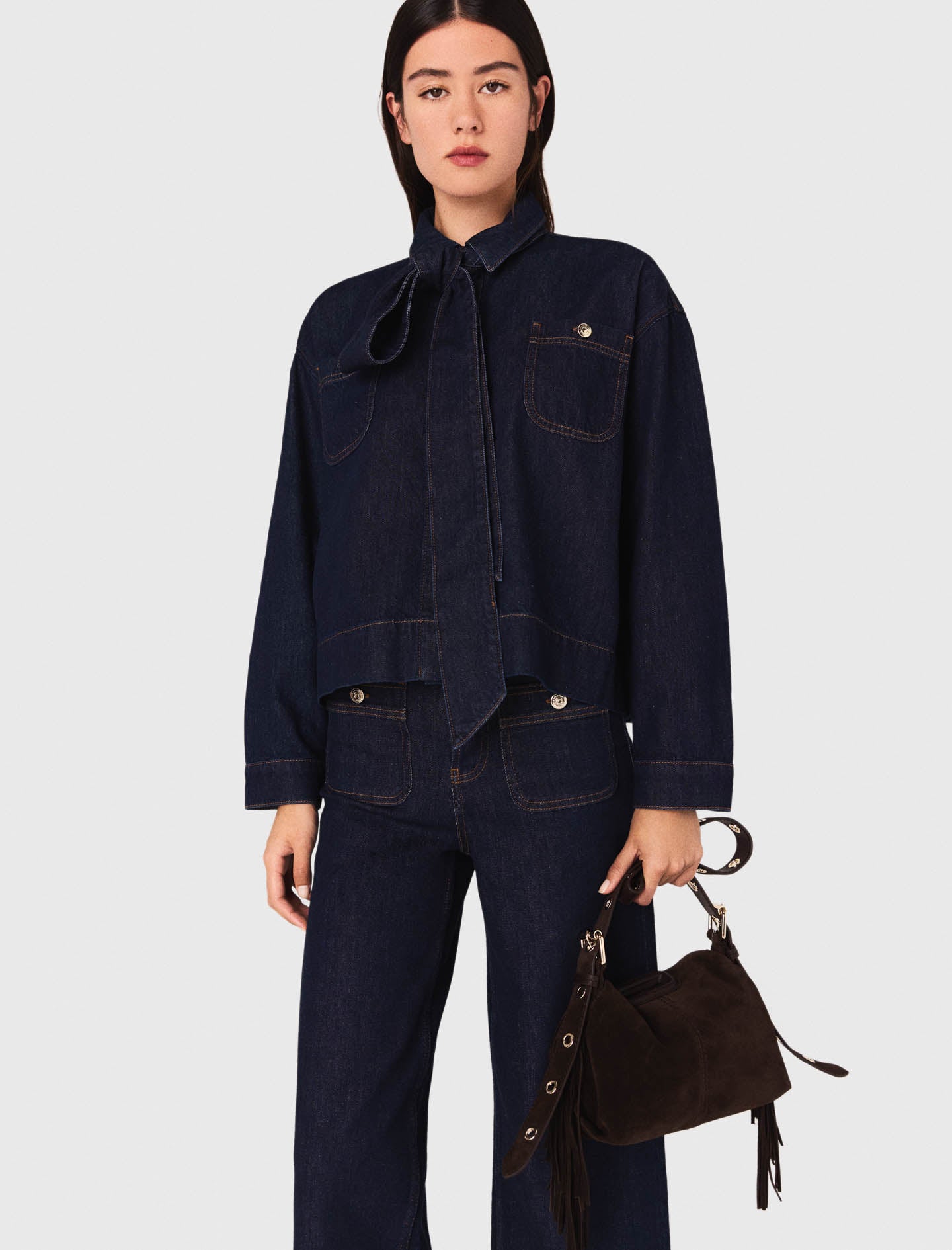 Denim shirt with pussy bow