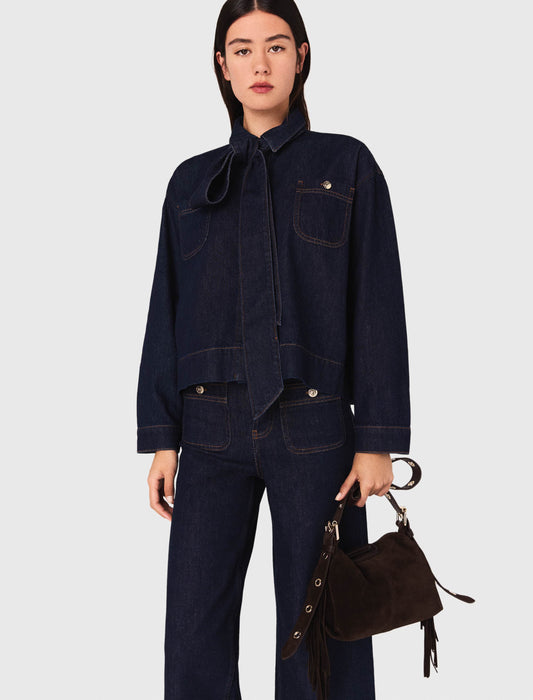 Denim shirt with pussy bow