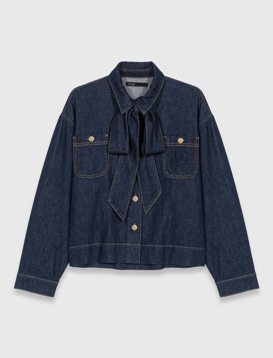 Denim shirt with pussy bow