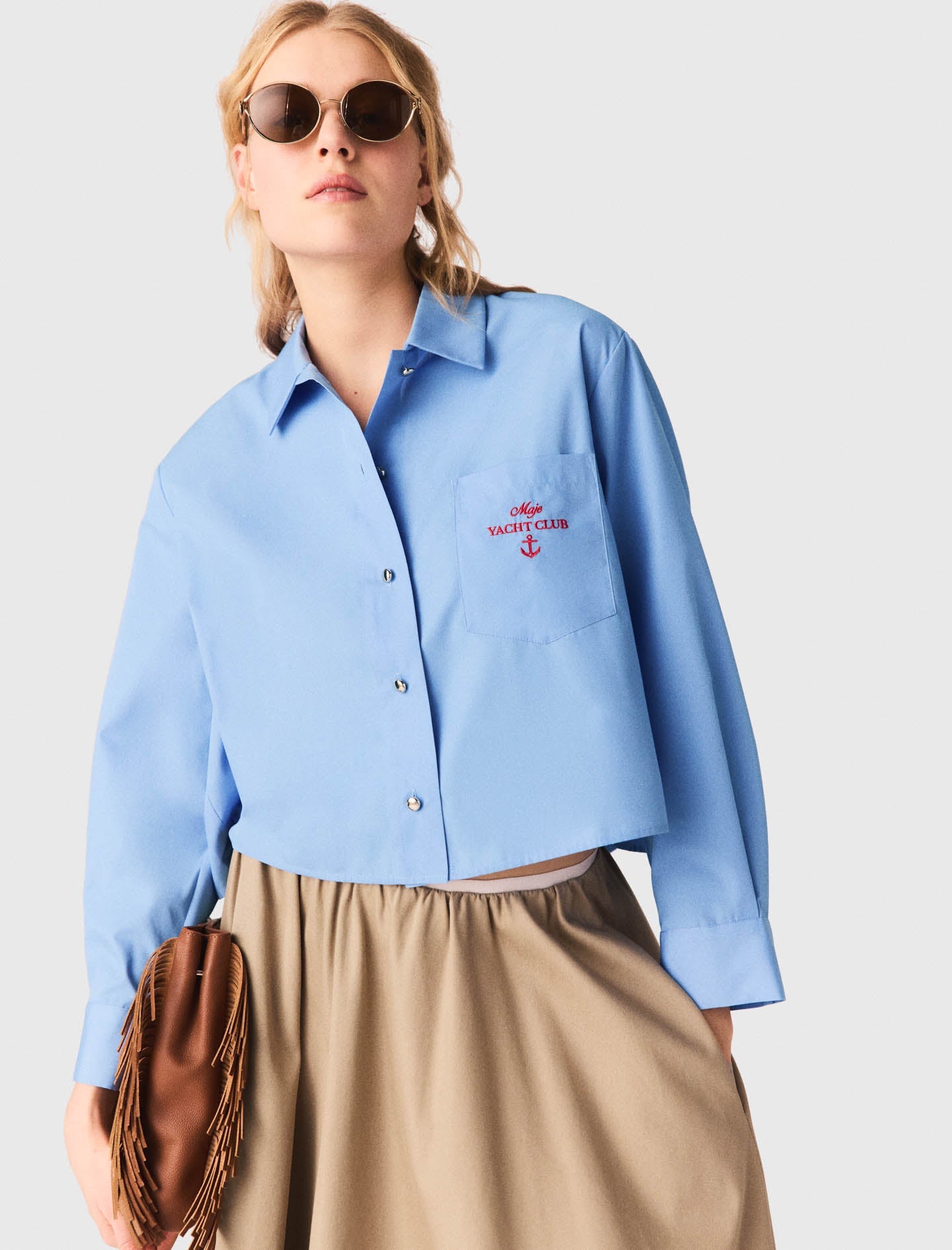Pleated Back Embroidered Shirt BLUE