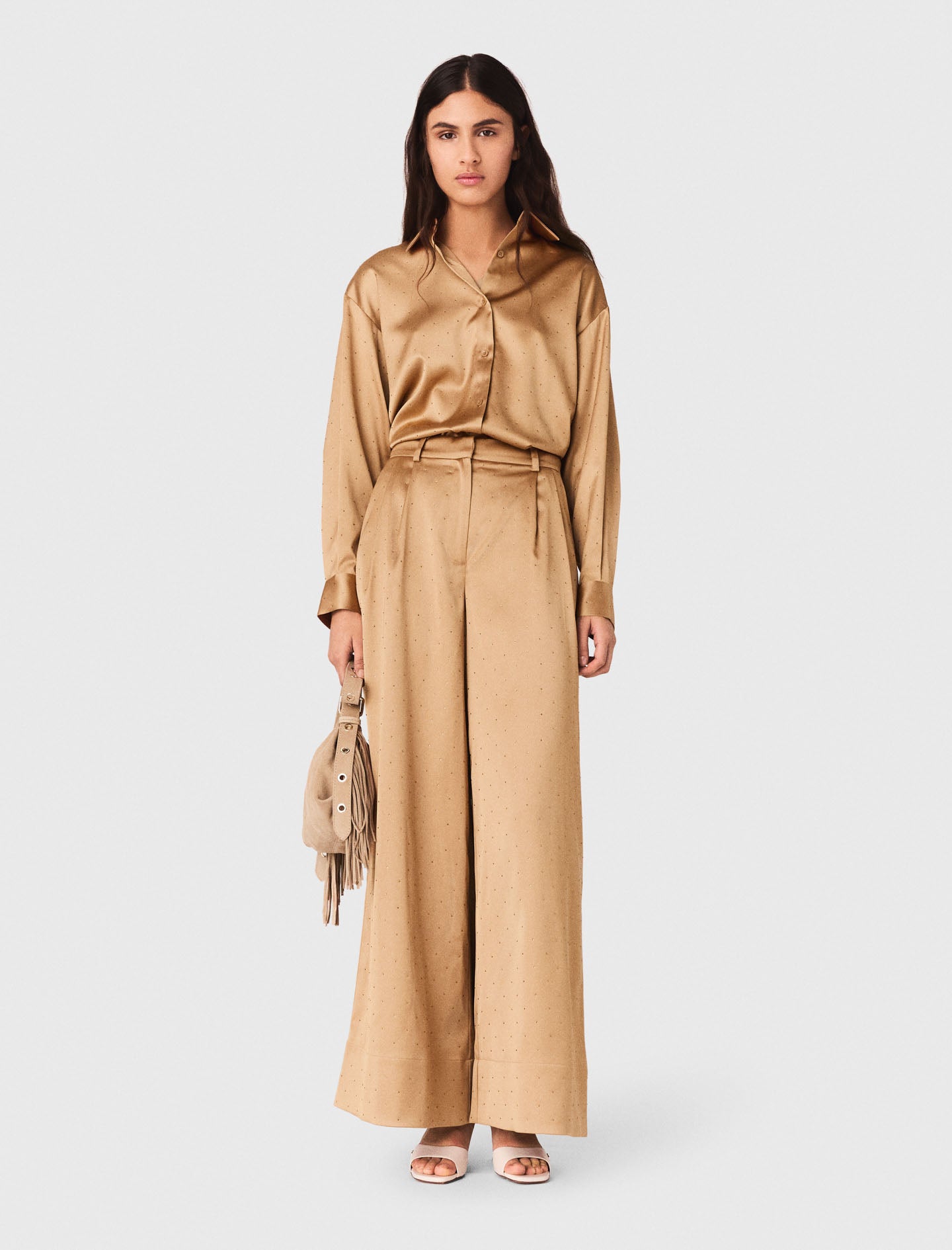 Rhinestone Satin Shirt CARAMEL