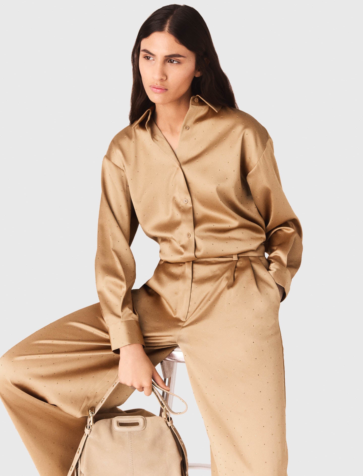 Rhinestone Satin Shirt CARAMEL