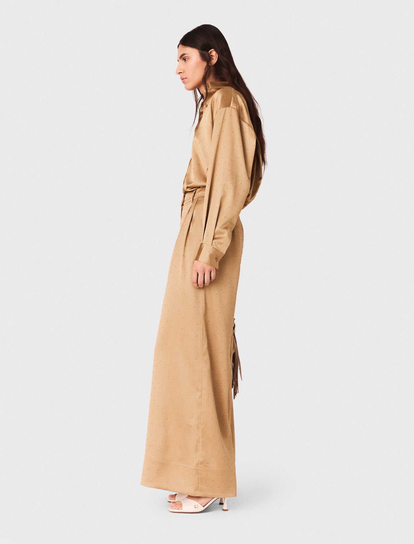 Rhinestone Satin Shirt CARAMEL