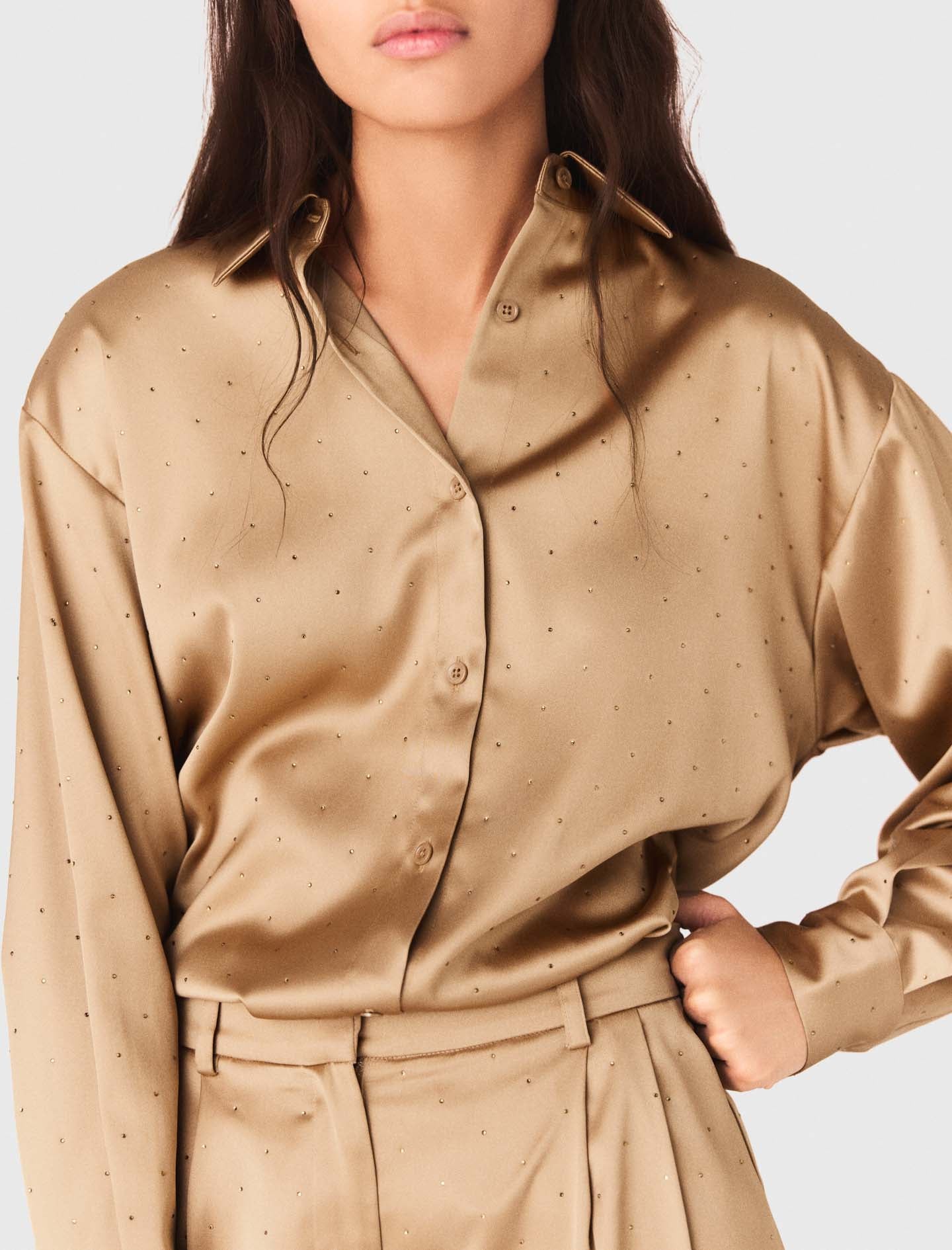 Rhinestone Satin Shirt CARAMEL