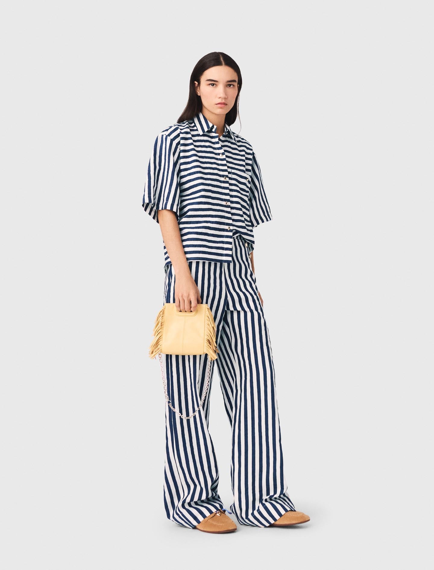Cropped Linen-Blend Shirt White/Blue