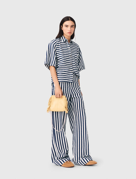 Cropped Linen-Blend Shirt White/Blue