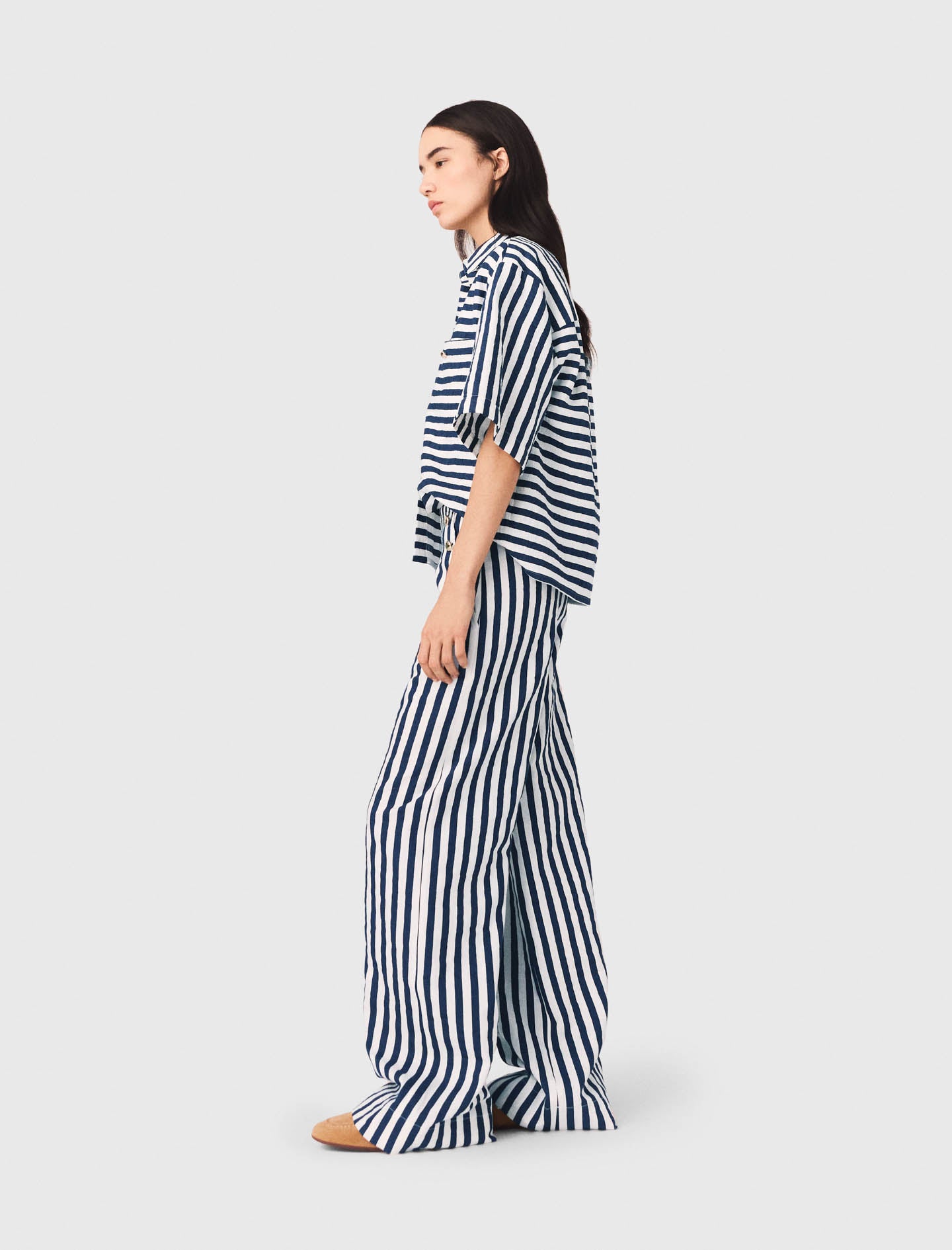 Cropped Linen-Blend Shirt White/Blue