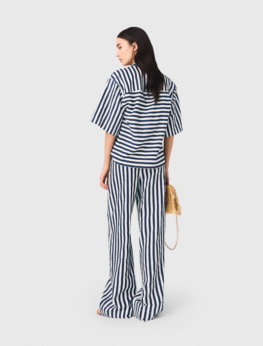 Cropped Linen-Blend Shirt White/Blue